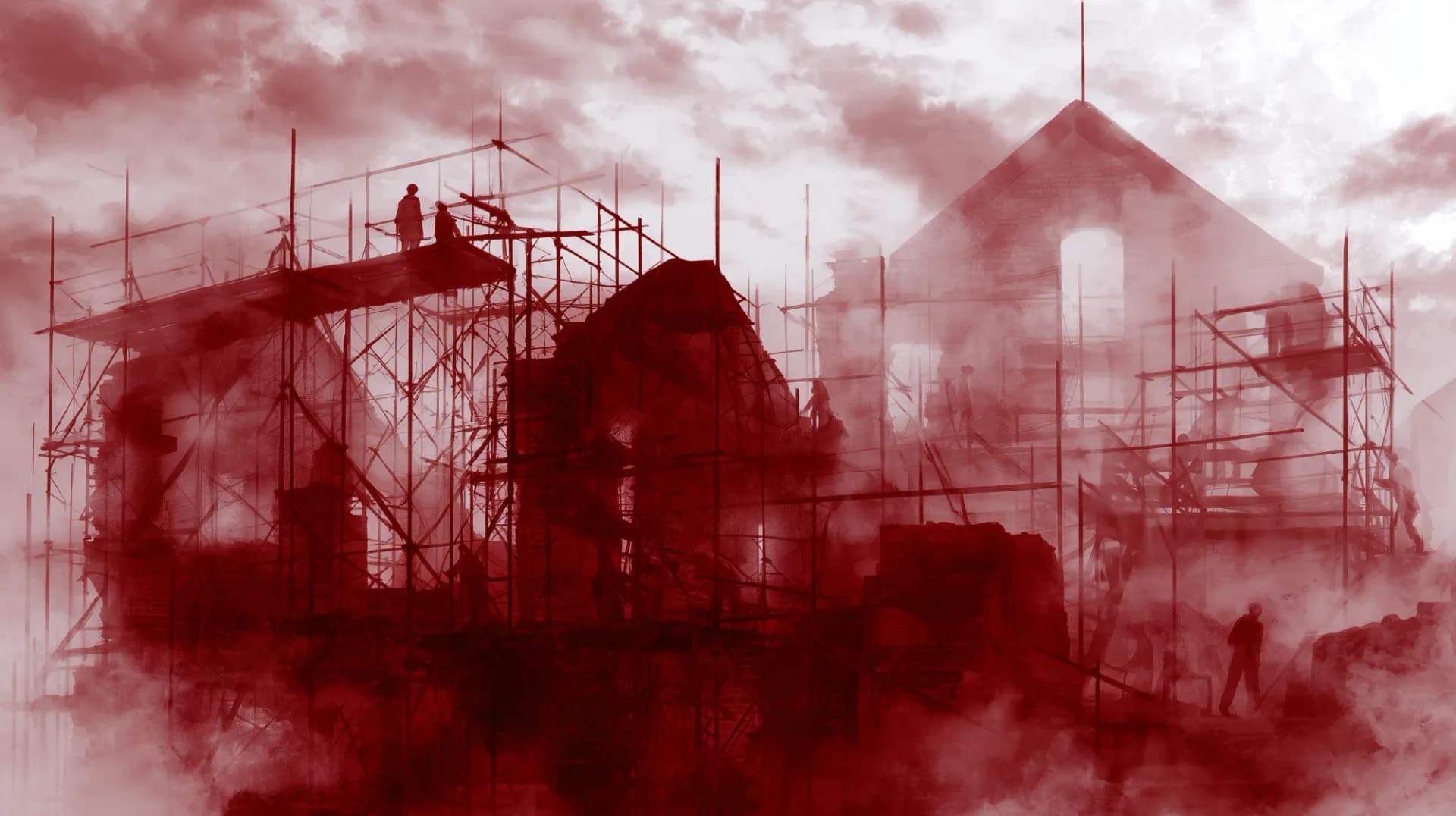 Scaffolding over brick ruins being rebuilt